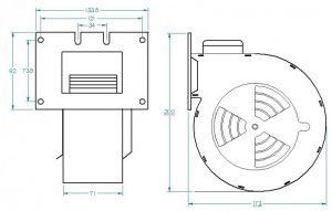 Wymiary - wentylator do pieca c.o. RMS 140 B Ramka typ B