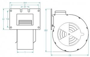 Wymiary - wentylator do pieca c.o. RMS 140 B Ramka typ B